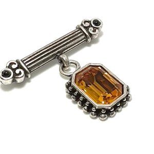 SATIN SILVER BAR PIN WITH TOPAZ CRYSTAL DROP BLACK CABOCHON ACCENT